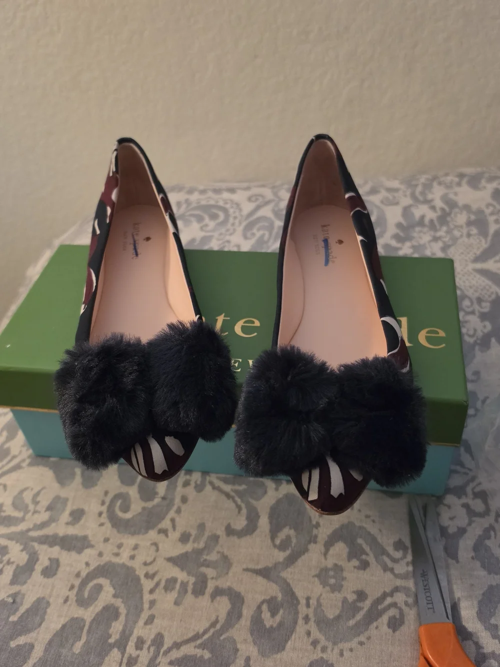 kate spade Floral Patterned Pointed Toe Flats with Black Pom-Poms